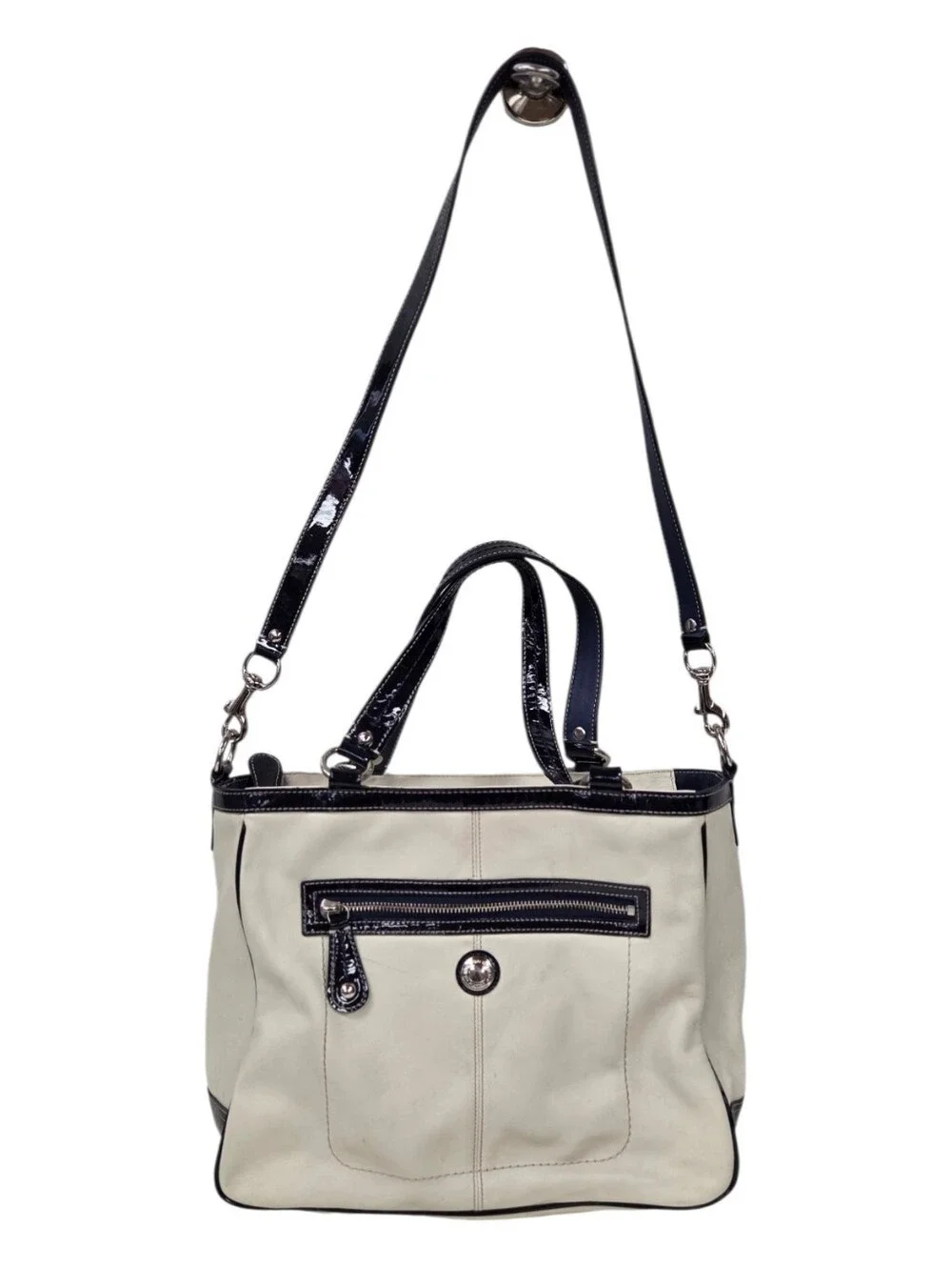 Coach Vintage Cream and Navy Leather Tote Bag with Patent Trim